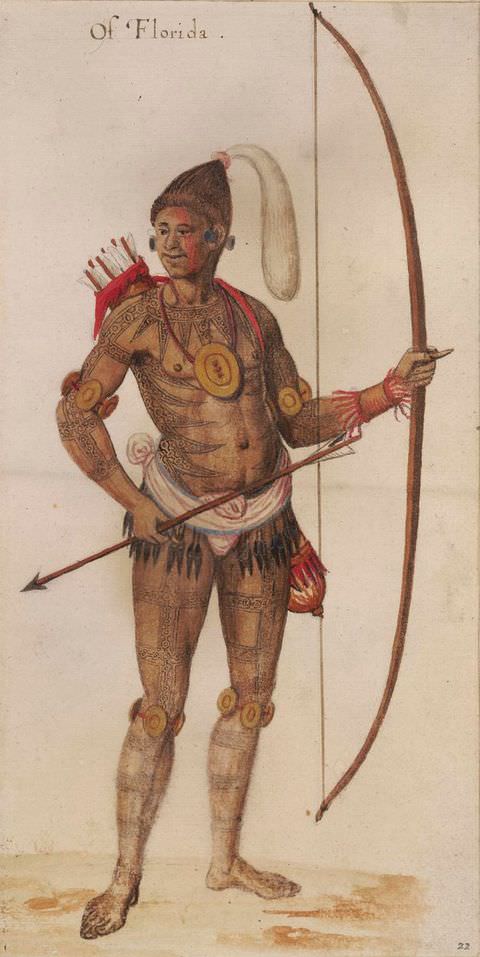 Drawing. A full-length drawing of a standing man in a slight contrapposto pose. He has dark brown skin and is almost naked apart from a tied white and red loin cloth over his groin area. The man also wears a necklace with a large medallion, a brown pointed hat with a white plume, and a red arrow case slung over his left shoulder, while holding a bow and an arrow.