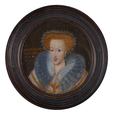 Painting. A portrait of a woman contained within a circular wooden frame. She is seen from head to neck wearing traditional, historical clothing including an ornately decorated collar, a white and gold dress, and a bejewelled headdress.