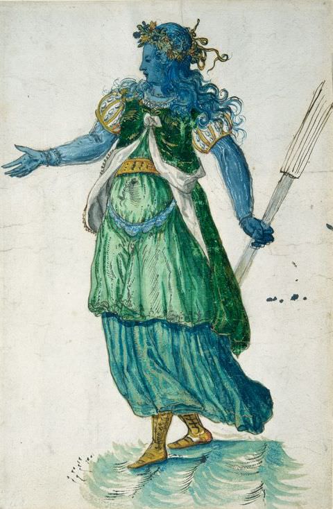 Drawing. A colourful illustration of a woman on white paper, with blue skin and blue hair, wearing a long, flowing green dress. Her right arm reaches out, while the left one holds a long, fork-like object. She appears to be walking on water, and wears a floral wreath on her head. 