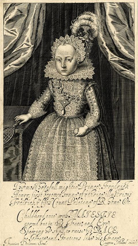 Photograph. In this black and white illustration is a young child standing upright, dressed in a long, corseted dress and elaborate headdress. Behind them two curtains swing open on either side, while below them is a passage of handwritten cursive text.