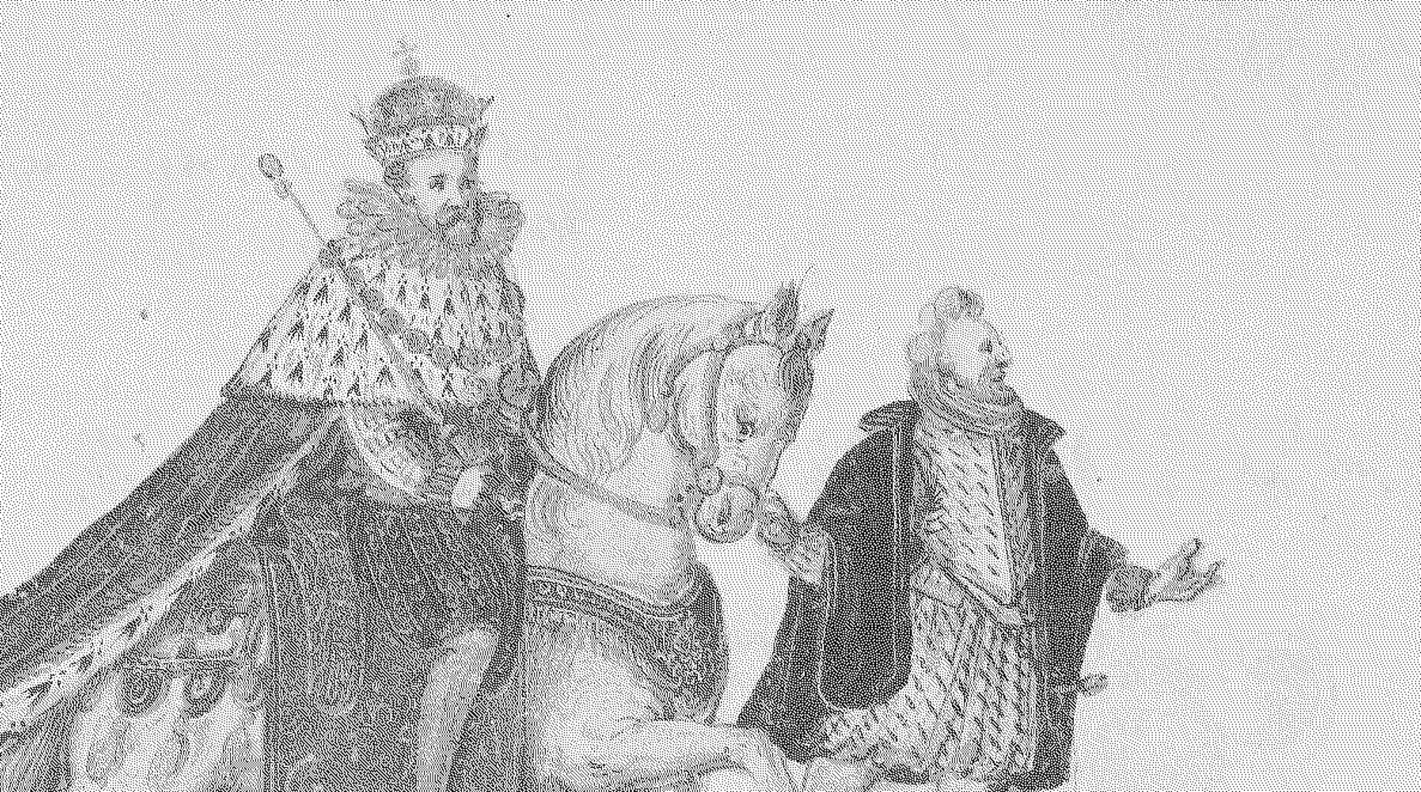 Drawing. A colourful drawing on white paper showing a man on a white, decorated horse wearing a crown and a royal robe, being led to the right of the image by another man in a black cape and patterned coat. Behind the horse are two more men wearing fitted coats and knee-length skirts. Handwritten text runs along the top and bottom of the drawing.